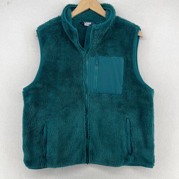 Lands' End Jackets & Blazers - LANDS END Vest Womens L 14-16 Cozy Sherpa Fleece Full Zip Stand Collar Teal Blue
